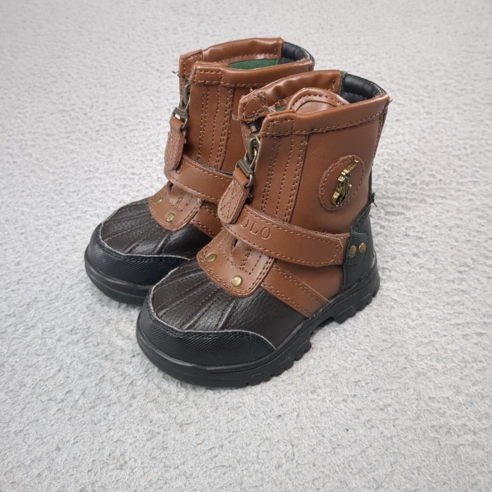 Polo Ralph Lauren Snow Boots Boys 5 Brown Duck Boot Zip Strap Winter Lined